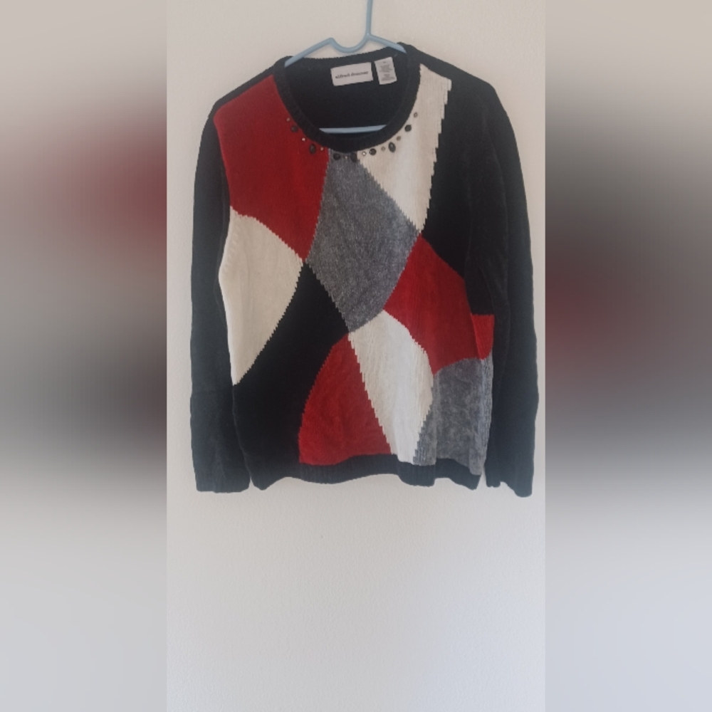 Alfred Dunner Red and Black Crew Neck Sweater with Bold Color Blocking XL